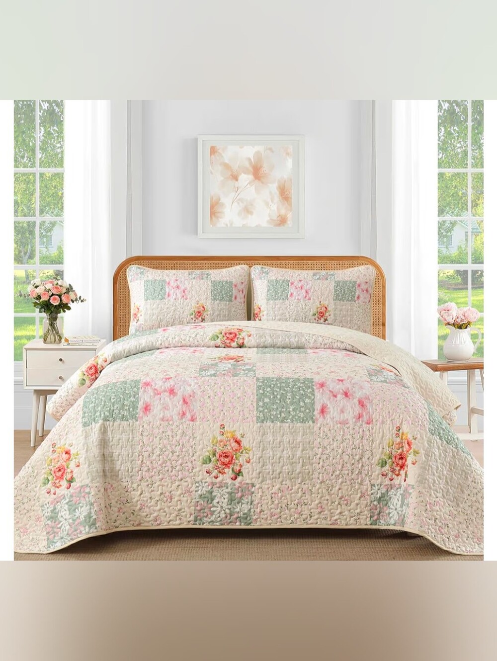 Queen Size Floral Patchwork Quilt Set in Beige Pink and Green NIB